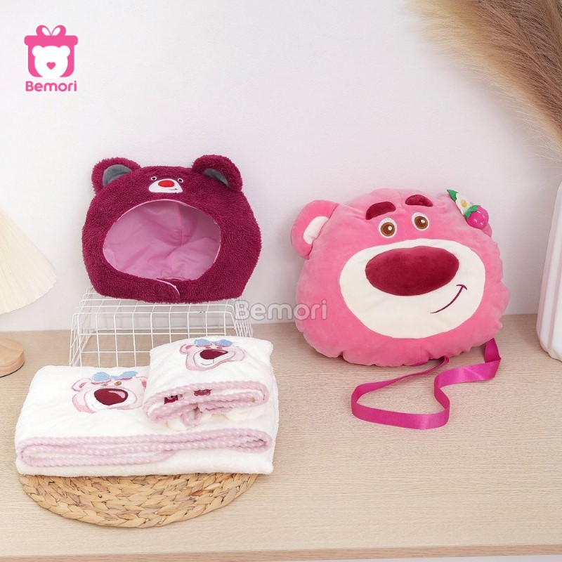 Set Khăn Tắm Gấu Lotso, Mũ Nón Gấu Lotso, Gối Chăn Gấu Lotso Dây Đeo