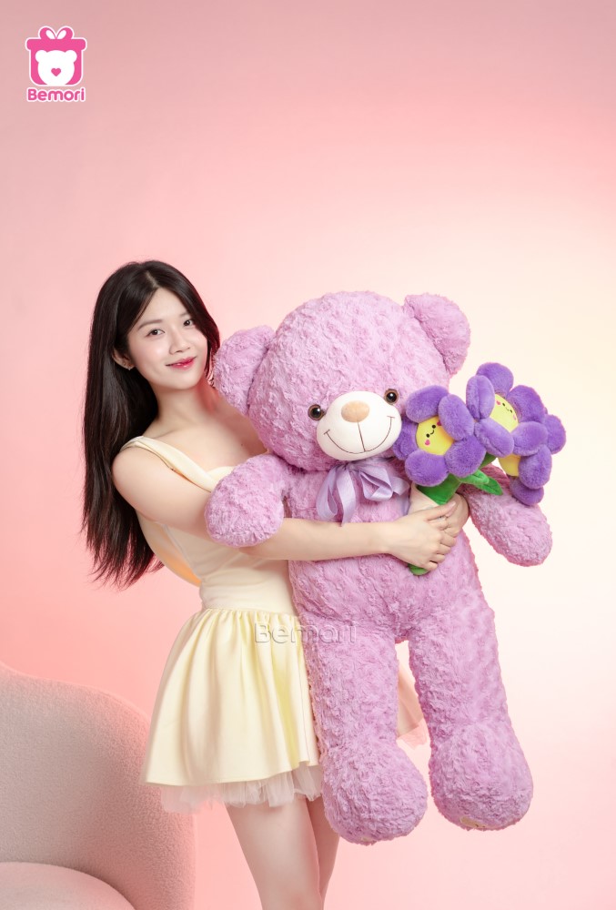 Combo Teddy và hoa mặt cười tím lãng mạn