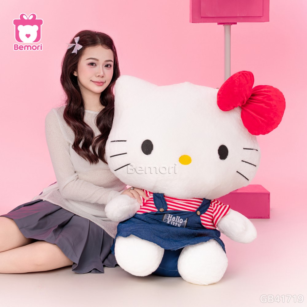 Gấu Bông Hello Kitty Áo Đỏ Yếm Jeans