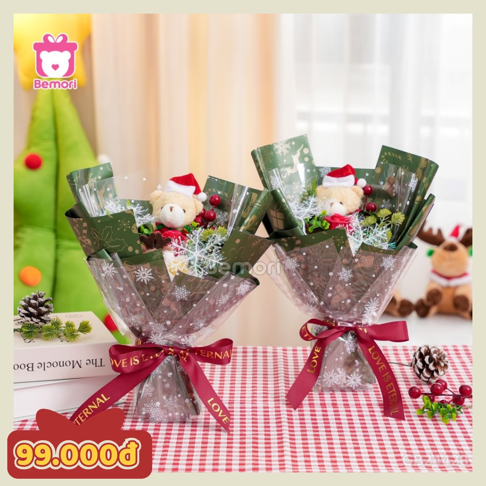 Set bó hoa xòe Noel gấu vàng mũ Noel hoa hồng