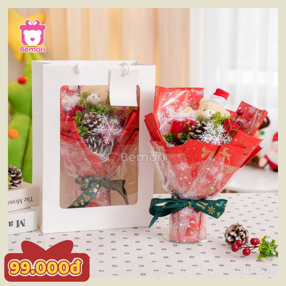 Set bó hoa xòe Noel gấu vàng mũ Noel hoa hồng