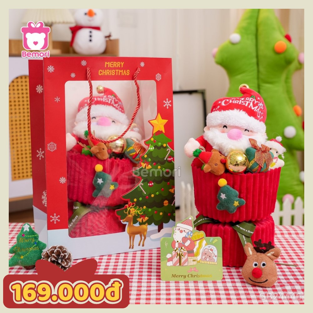 Set bó hoa vải len Noel ông già béo đội mũ