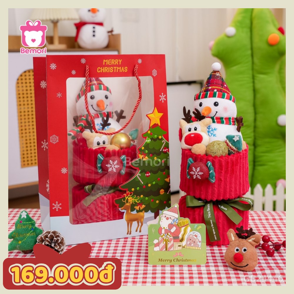 Set bó hoa vải len Noel người tuyết đội mũ kẻ