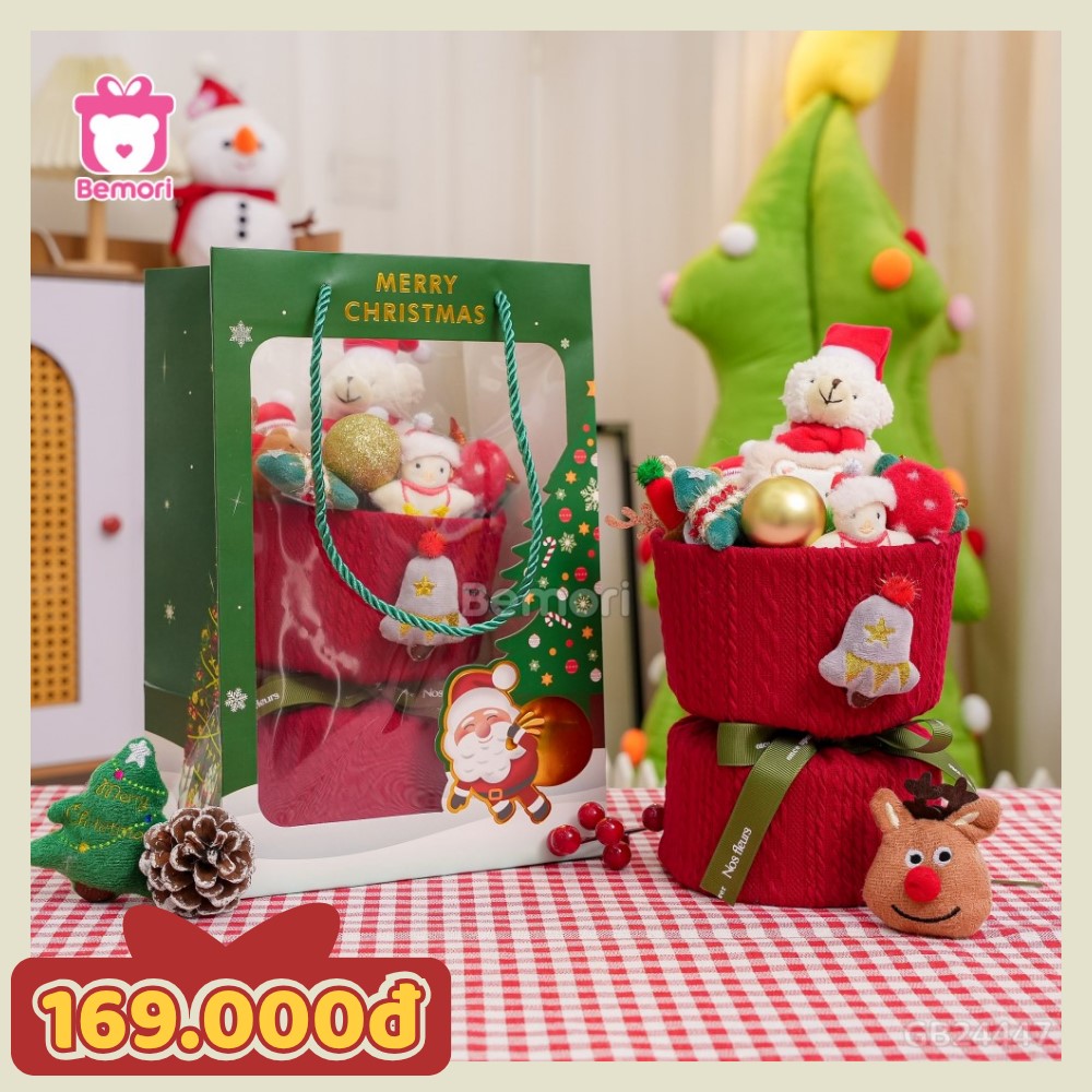 Set bó hoa vải len Noel gấu người tuyết đội mũ
