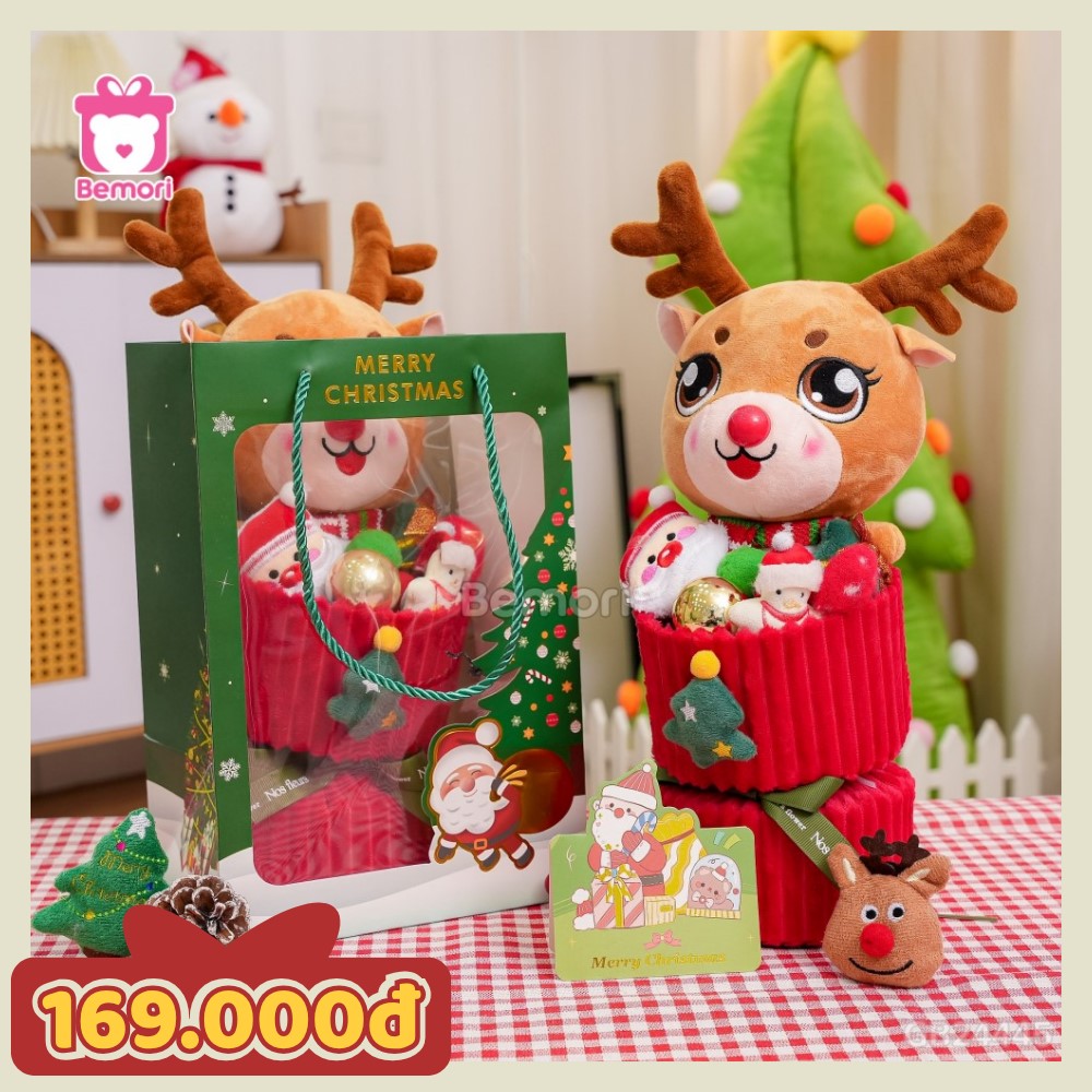 Set bó hoa vải len Noel tuần lộc charm cây thông