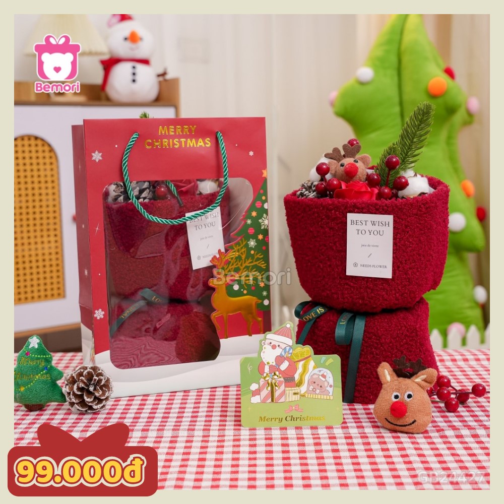 Set bó hoa Noel tuần lộc hoa hồng