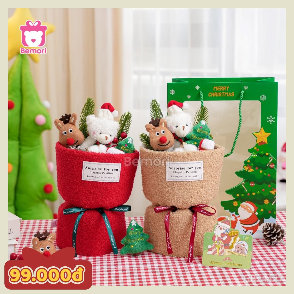 Set bó hoa Noel gấu trắng tuần lộc