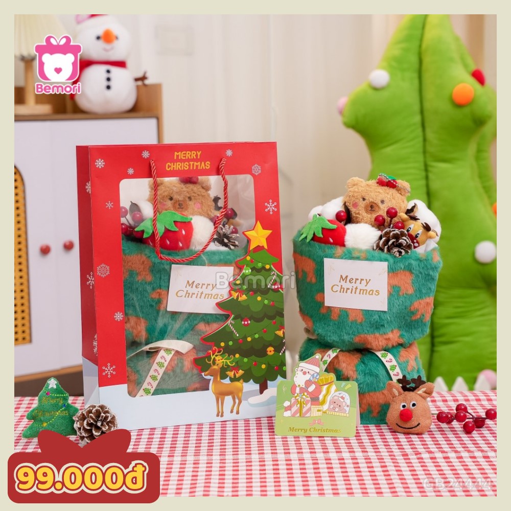 Set bó hoa Noel gấu nâu quả dâu