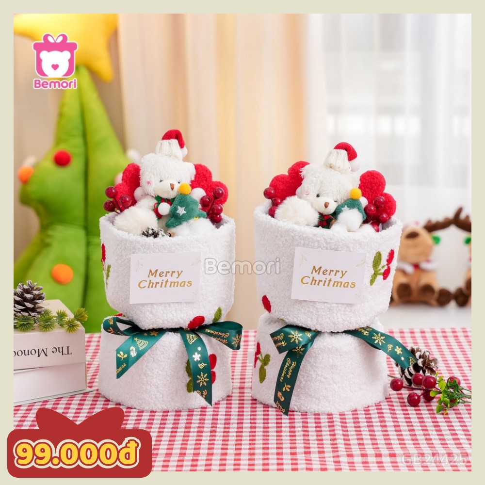 Set bó hoa vải cherry Noel gấu trắng cây thông