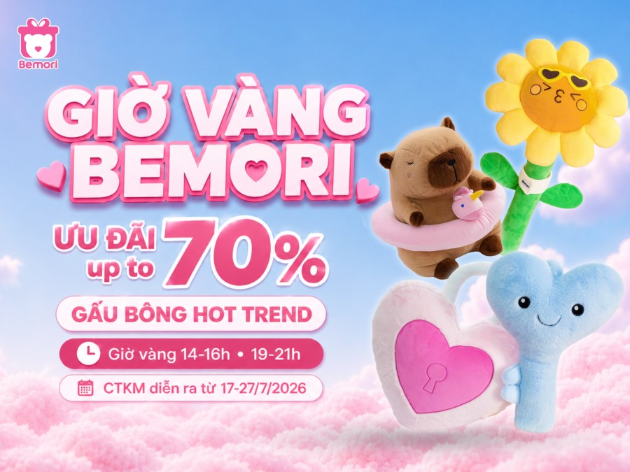 Chiêu Đãi Siêu Tiệc Giờ Vàng Bemori: Ưu Đãi Up To 70% Gấu Bông Hot Trend