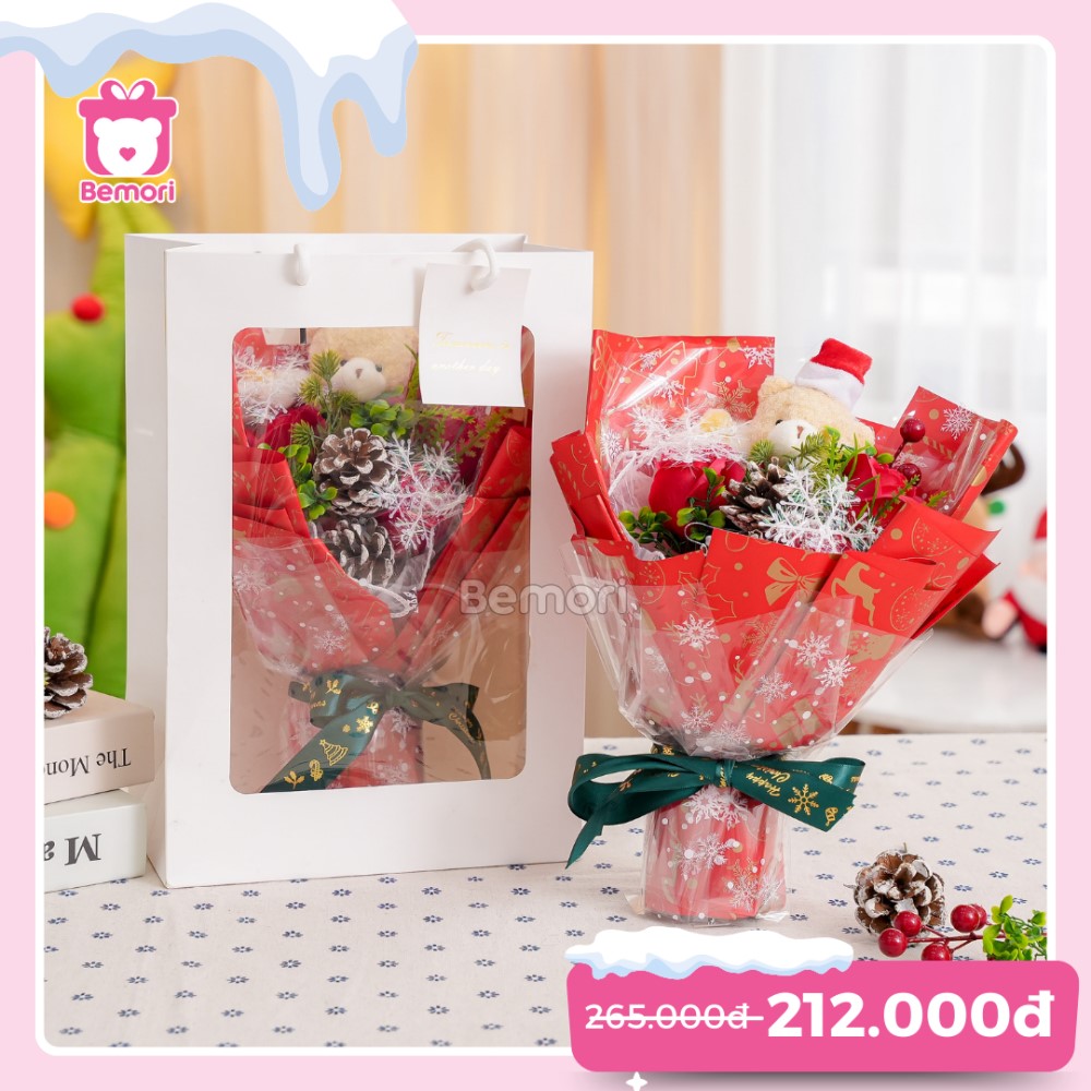 Set Bó Hoa Xòe 35cm - Gấu Vàng Hoa Hồng - Đỏ