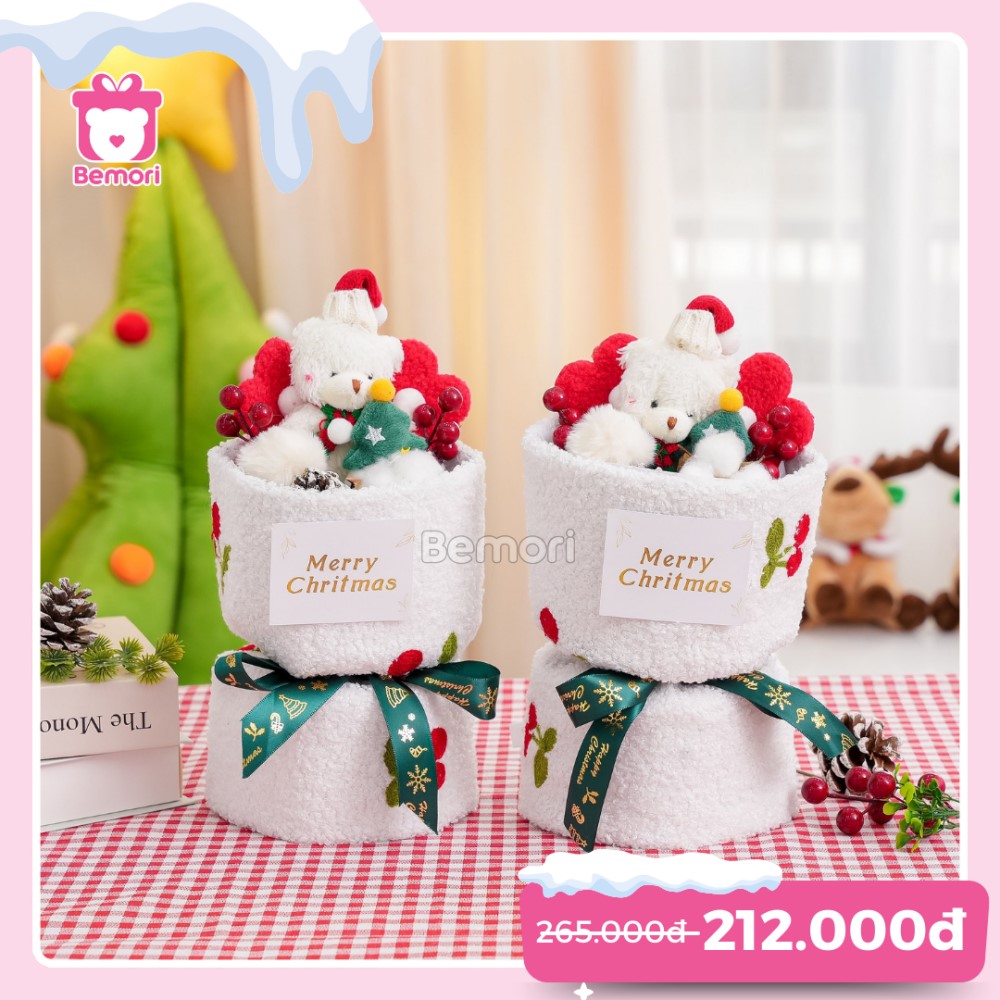 Set Bó Hoa Vải Cherry 35cm - Gấu Trắng Cây Thông