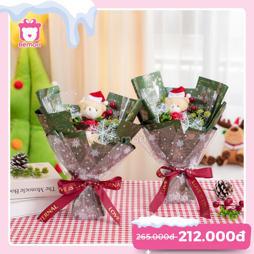 Set Bó Hoa Xòe 35cm - Gấu Vàng Mũ Noel Hoa Hồng - Xanh