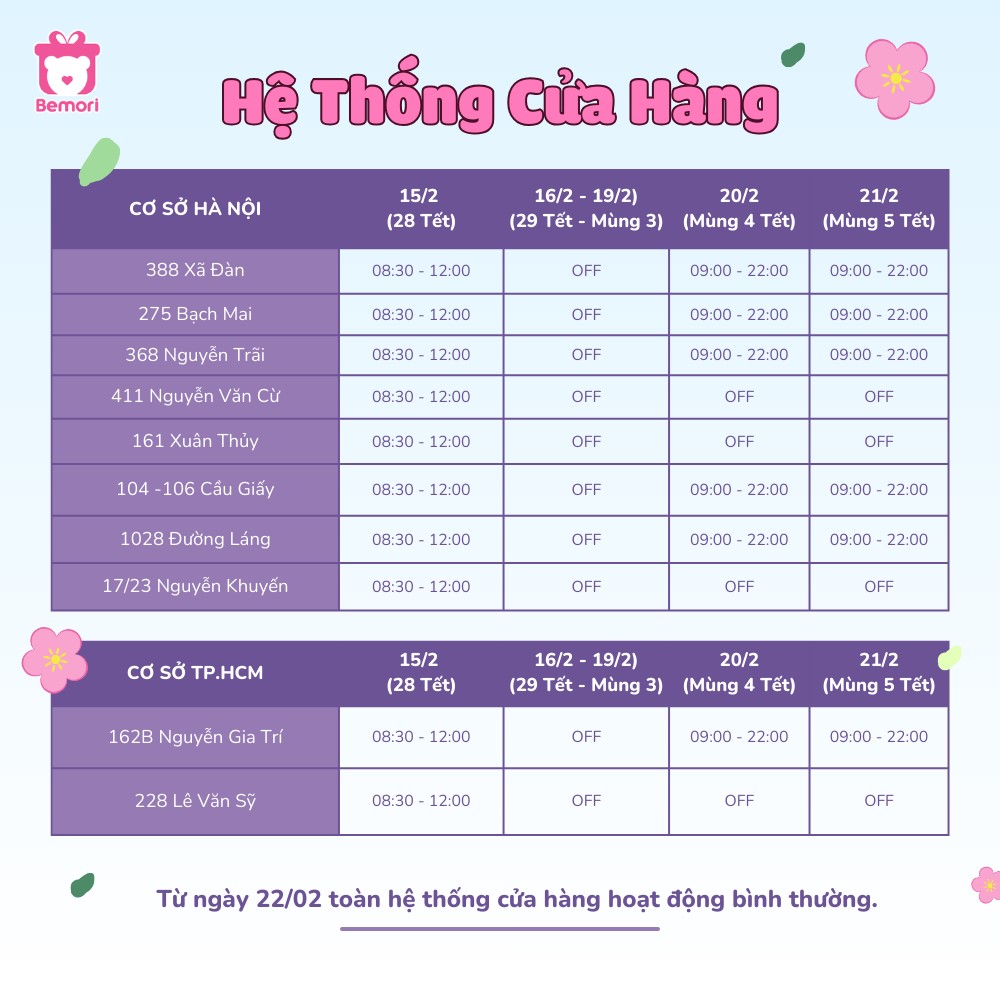 Lịch làm việc Tết 2026 của cửa hàng Bemori