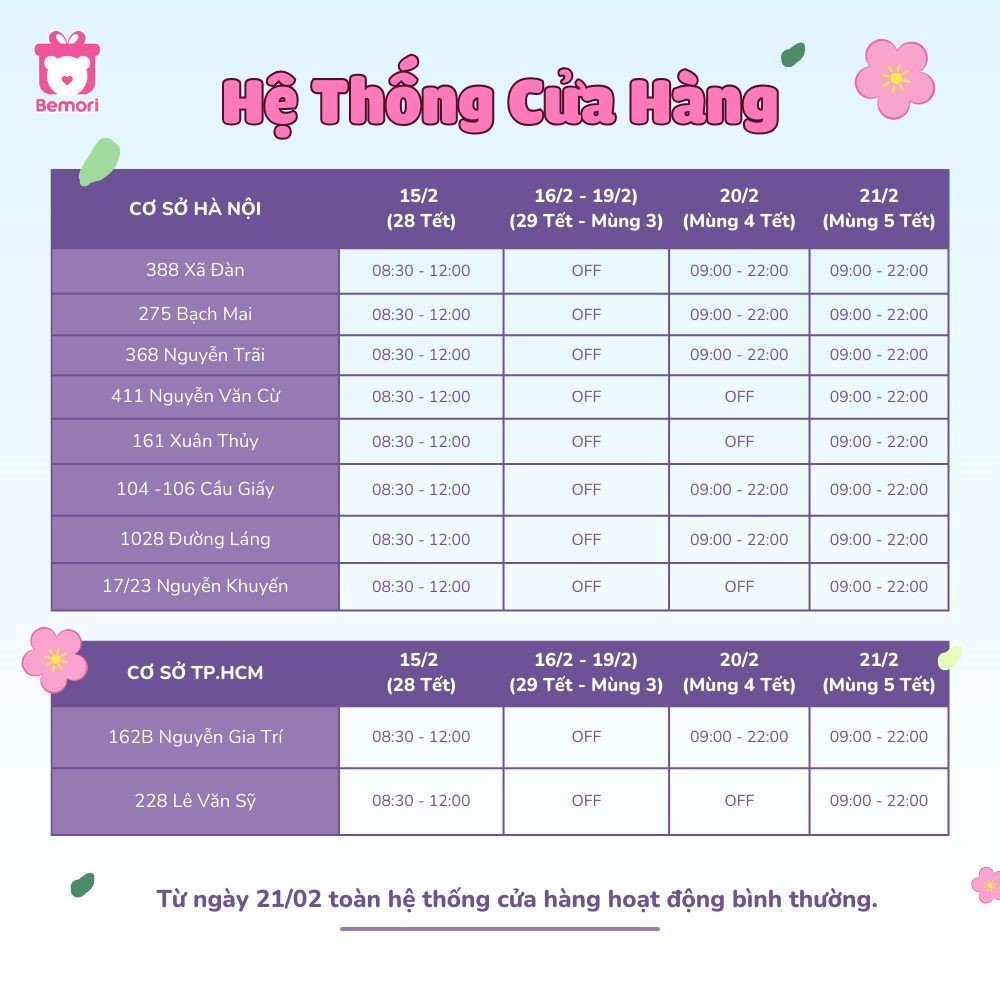 Lịch làm việc Tết 2026 của cửa hàng Bemori