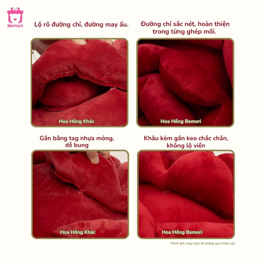 Hoa hồng khổng lồ Bemori được khâu và gắn keo chắc chắn từng cánh hoa