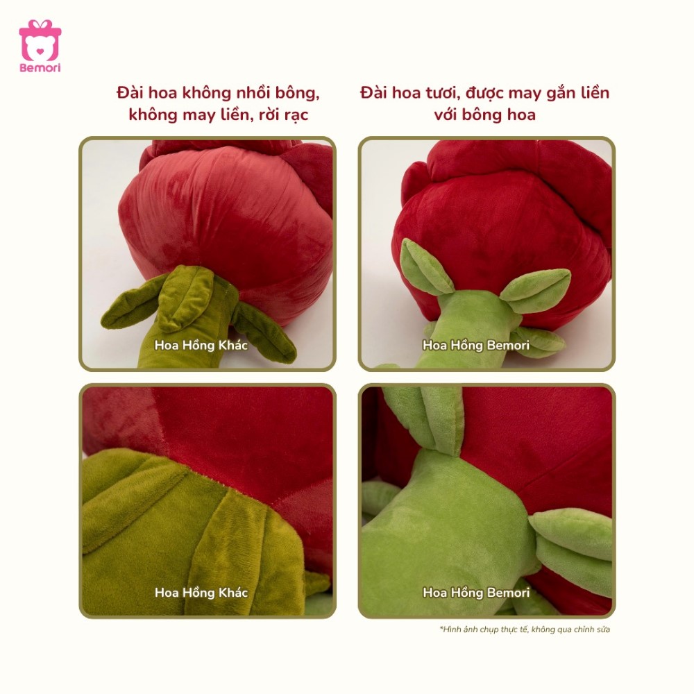 Hoa hồng khổng lồ chính hãng may gắn liền đài hoa với bông hoa