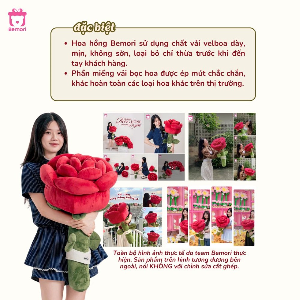 Hoa hồng khổng lồ Bemori sử dụng vải velboa và bông nguyên sinh mềm mại