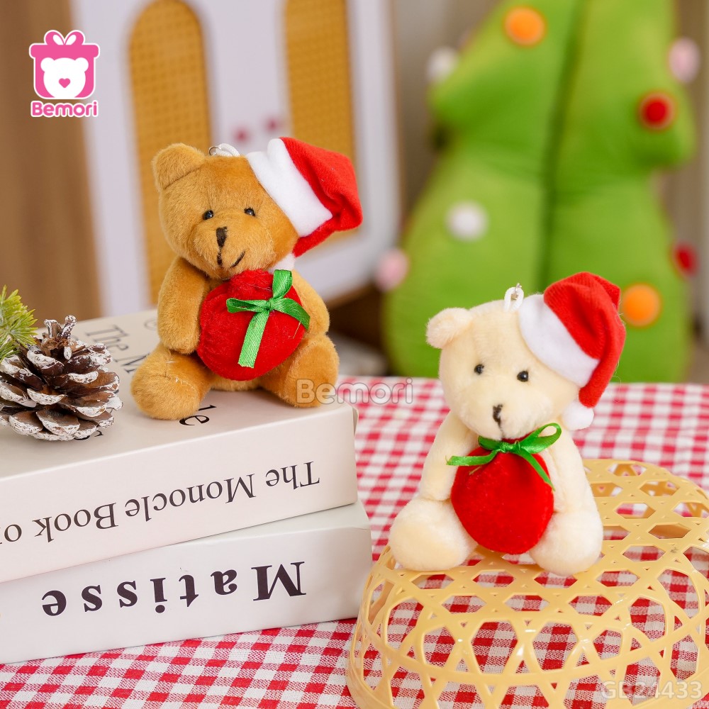 Móc Khóa Gấu Ôm Túi Đỏ Nơ Xanh
