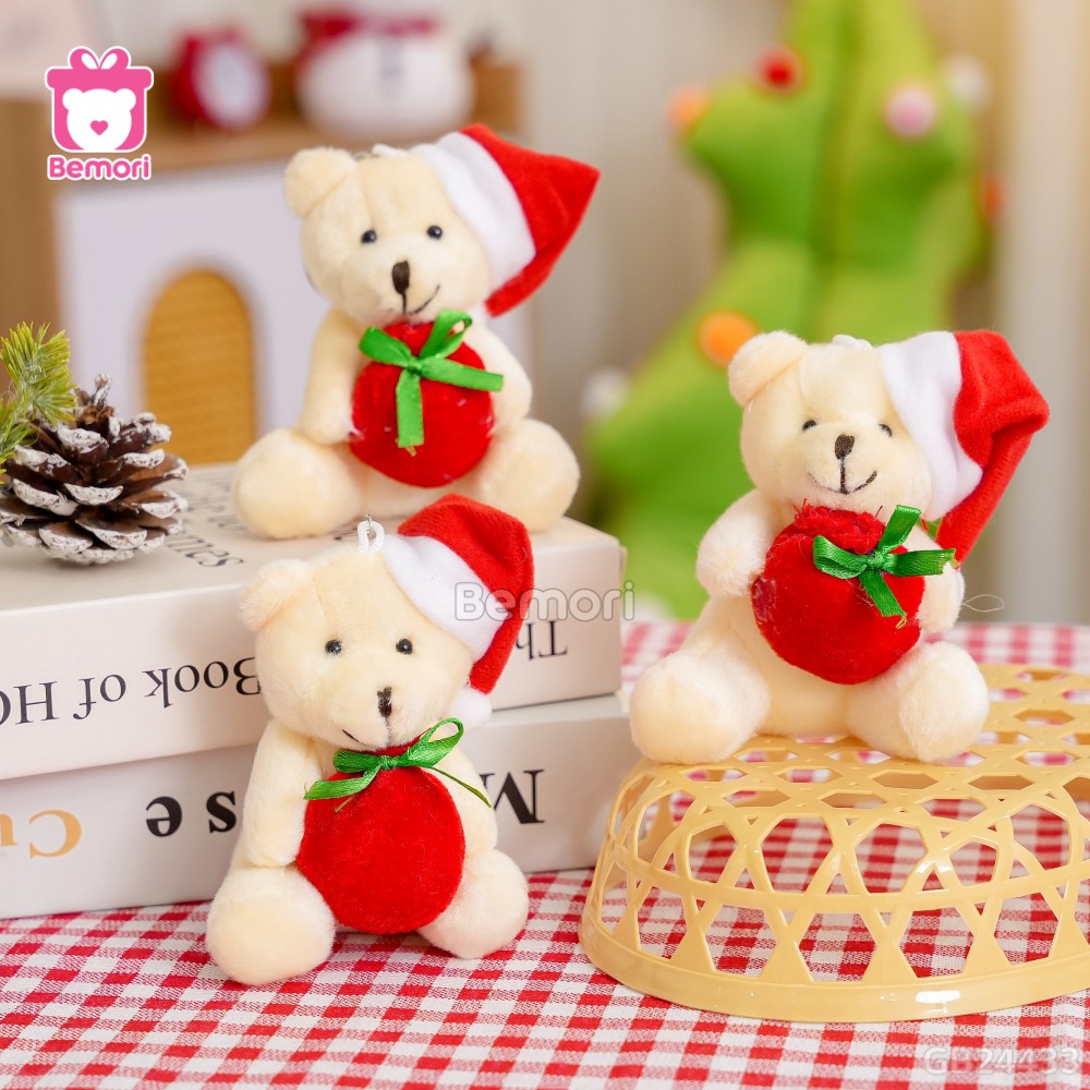 Móc Khóa Gấu Ôm Túi Đỏ Nơ Xanh