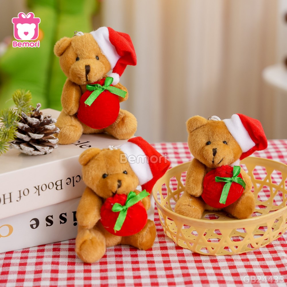 Móc Khóa Gấu Ôm Túi Đỏ Nơ Xanh