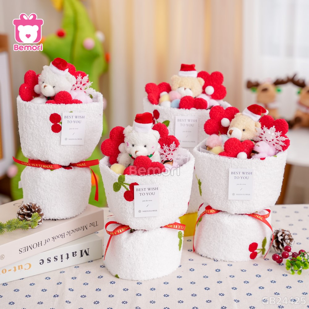 Set Bó Hoa Noel Vải Cherry - Gấu Bông Tuyết
