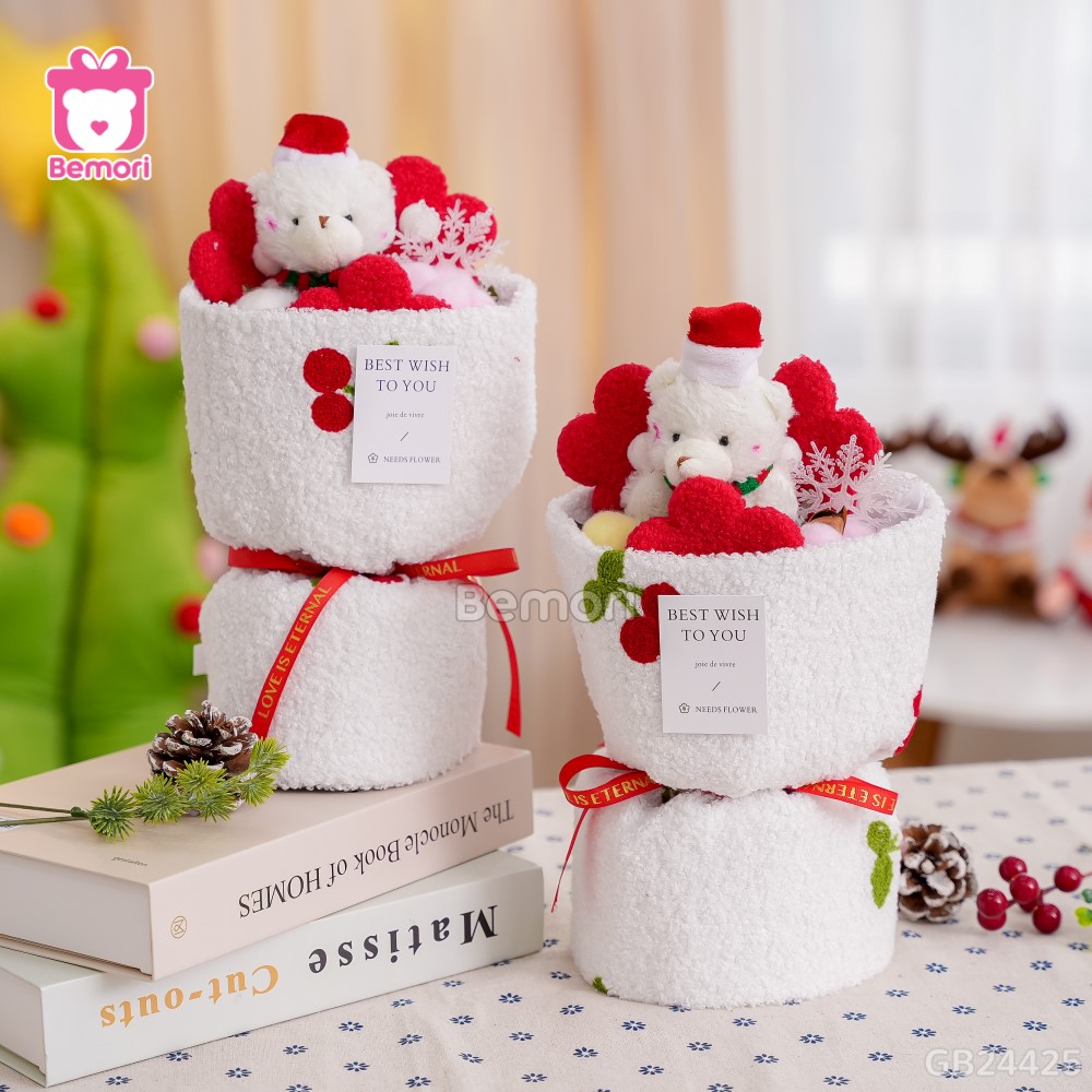 Set Bó Hoa Noel Vải Cherry - Gấu Bông Tuyết