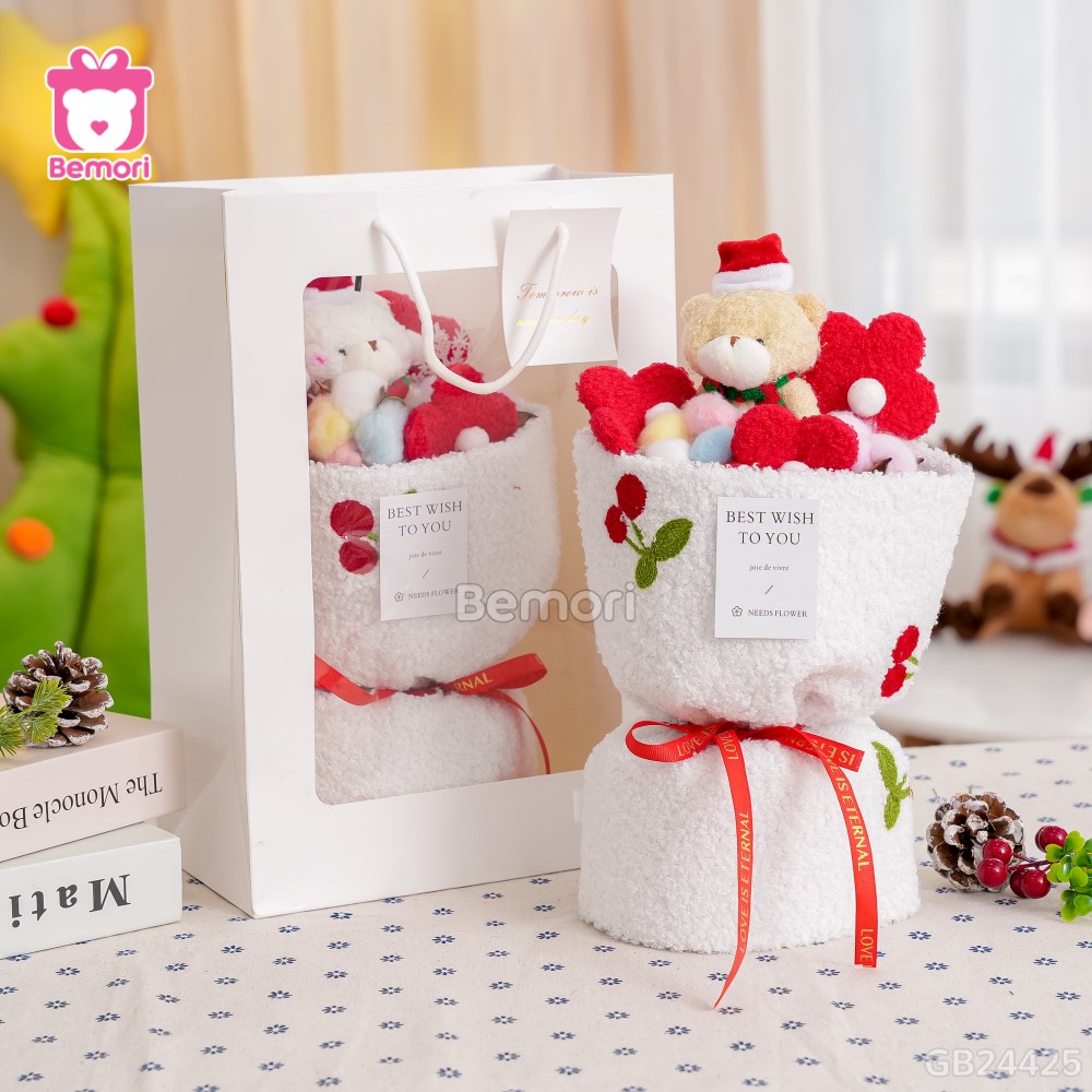 Set Bó Hoa Noel Vải Cherry - Gấu Bông Tuyết