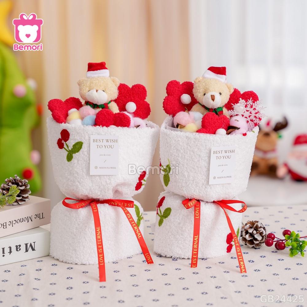 Set Bó Hoa Noel Vải Cherry - Gấu Bông Tuyết