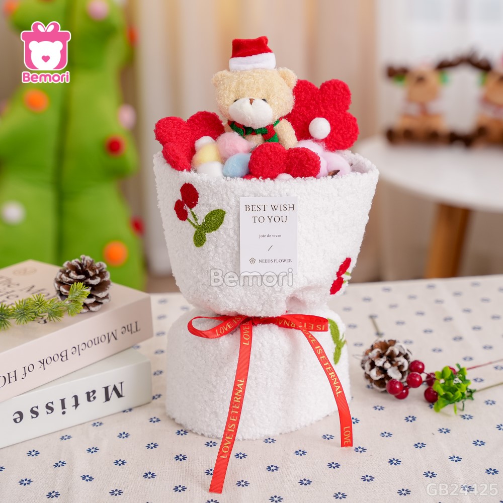 Set Bó Hoa Noel Vải Cherry - Gấu Bông Tuyết