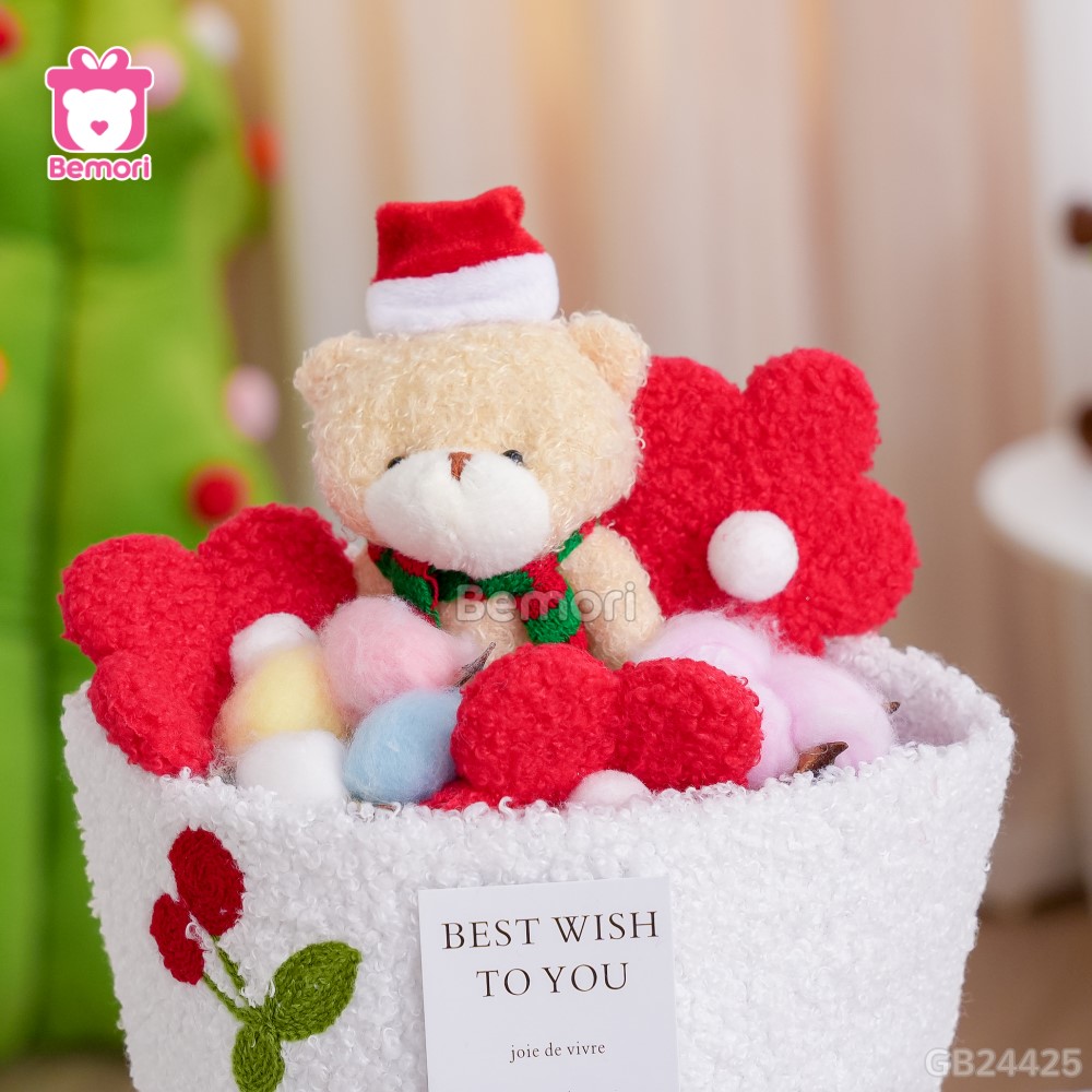 Set Bó Hoa Noel Vải Cherry - Gấu Bông Tuyết