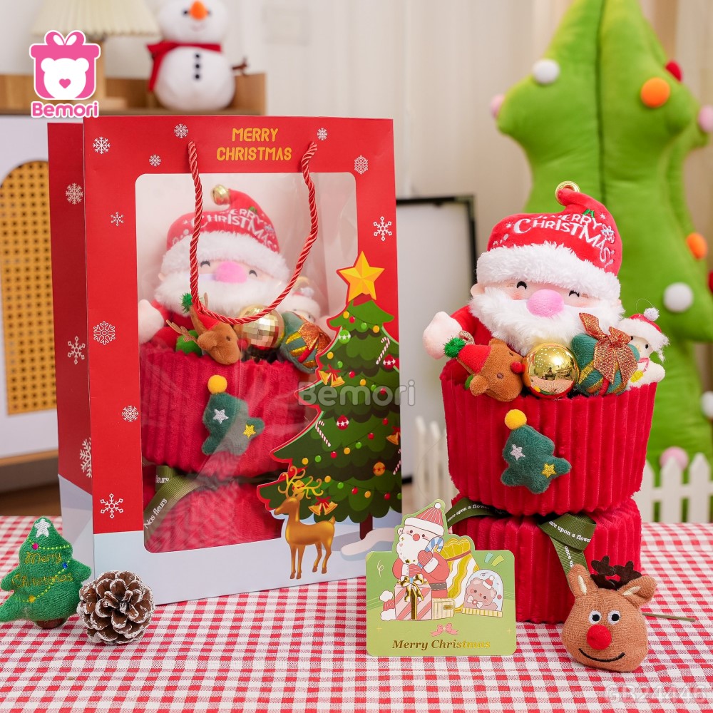 Set Bó Hoa Vải Len Ông Già Noel Béo Đội Mũ