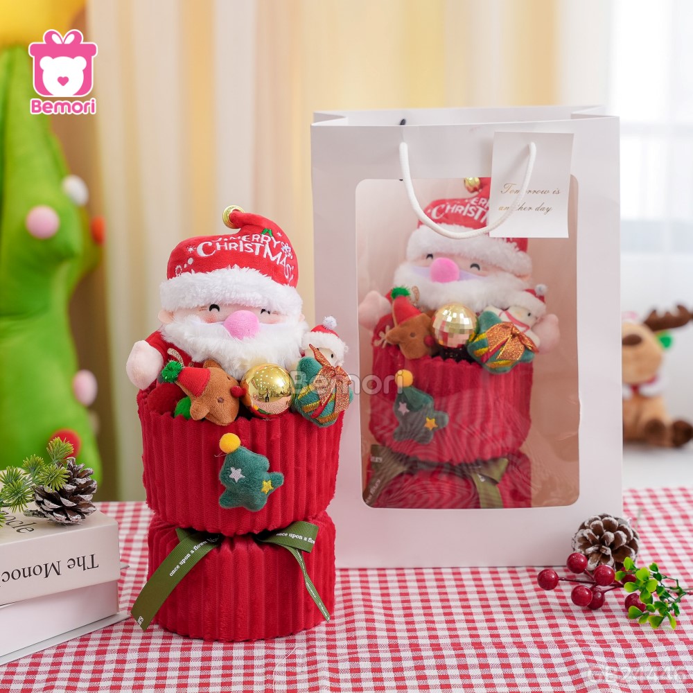 Set Bó Hoa Vải Len Ông Già Noel Béo Đội Mũ