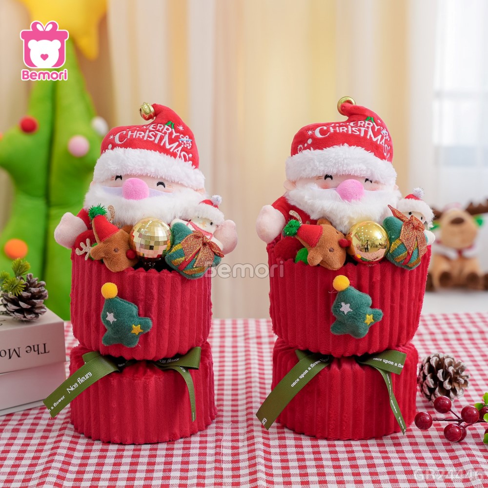 Set Bó Hoa Vải Len Ông Già Noel Béo Đội Mũ