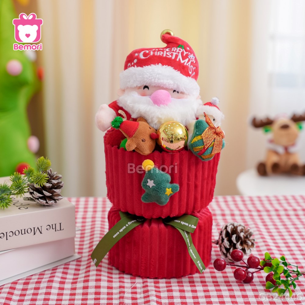 Set Bó Hoa Vải Len Ông Già Noel Béo Đội Mũ