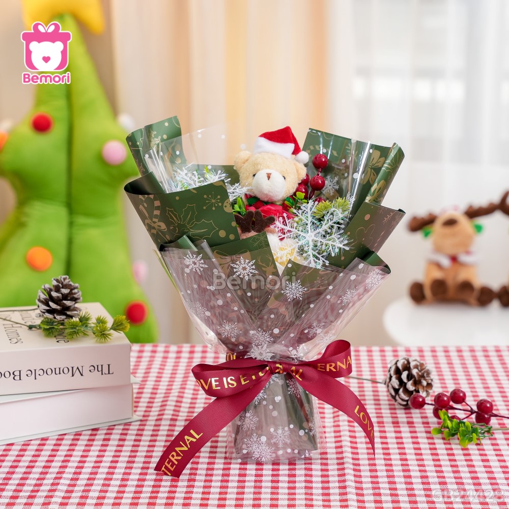 Set Bó Hoa Xòe Gấu Vàng Mũ Noel Hoa Hồng Xanh