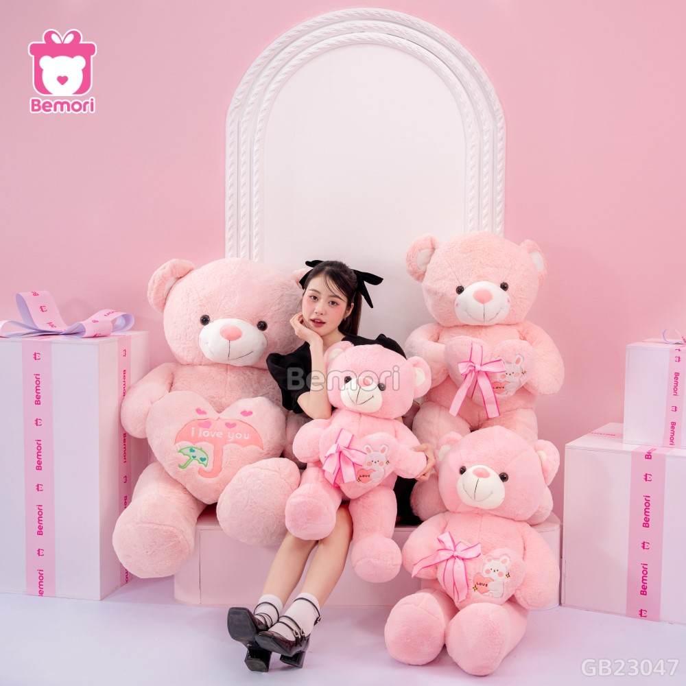 Gấu Bông Teddy Ôm Tim Thỏ màu hồng