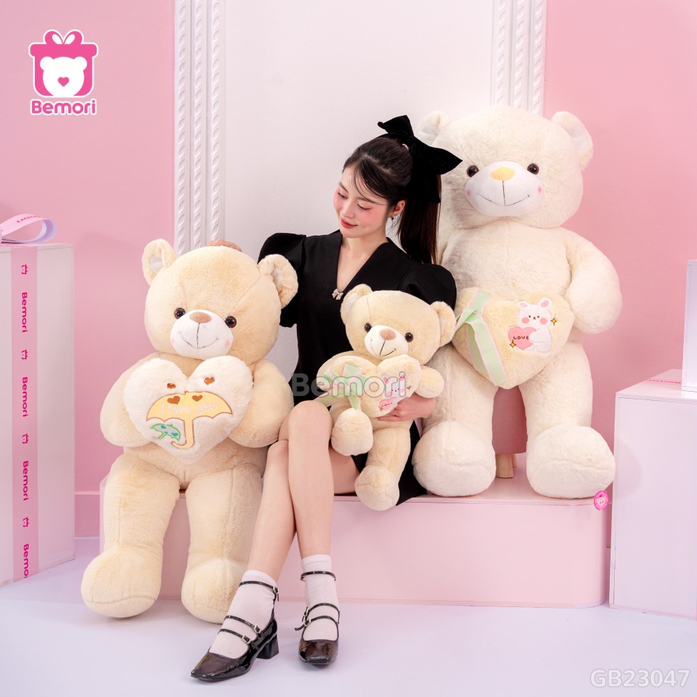 Gấu Bông Teddy Ôm Tim Thỏ màu kem