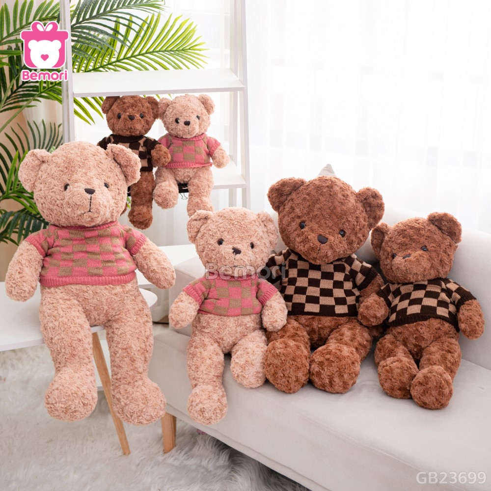 Gấu Bông Teddy Lông Xoắn Áo Len Caro