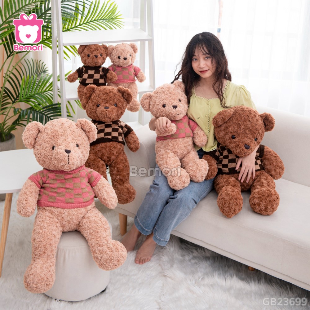 Gấu Bông Teddy Lông Xoắn Áo Len Caro