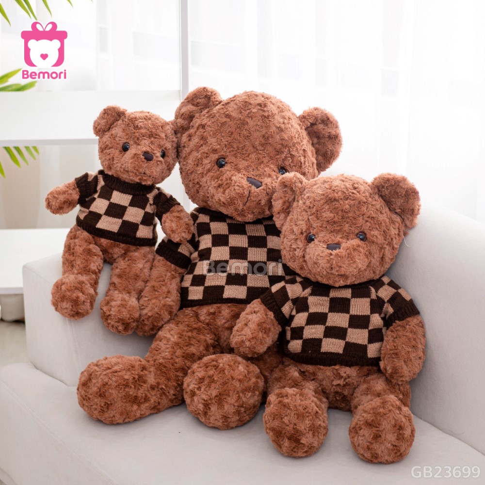 Gấu Bông Teddy Lông Xoắn Áo Len Caro