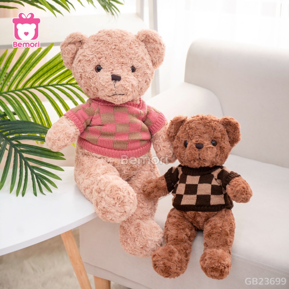 Gấu Bông Teddy Lông Xoắn Áo Len Caro