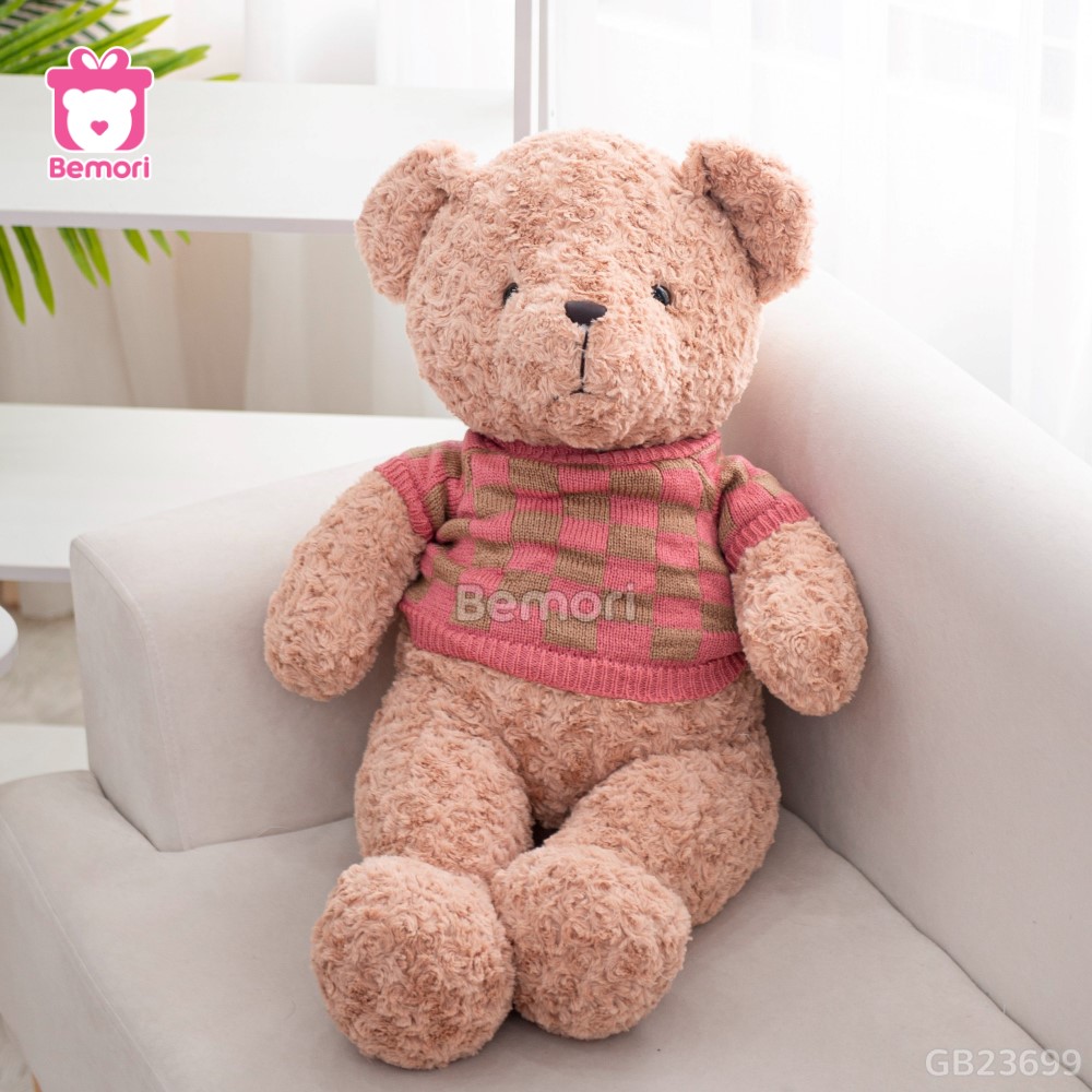 Gấu Bông Teddy Lông Xoắn Áo Len Caro