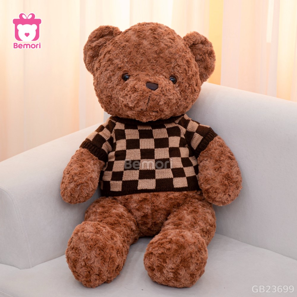 Gấu Bông Teddy Lông Xoắn Áo Len Caro