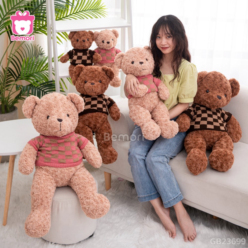 Gấu Bông Teddy Lông Xoắn Áo Len Caro