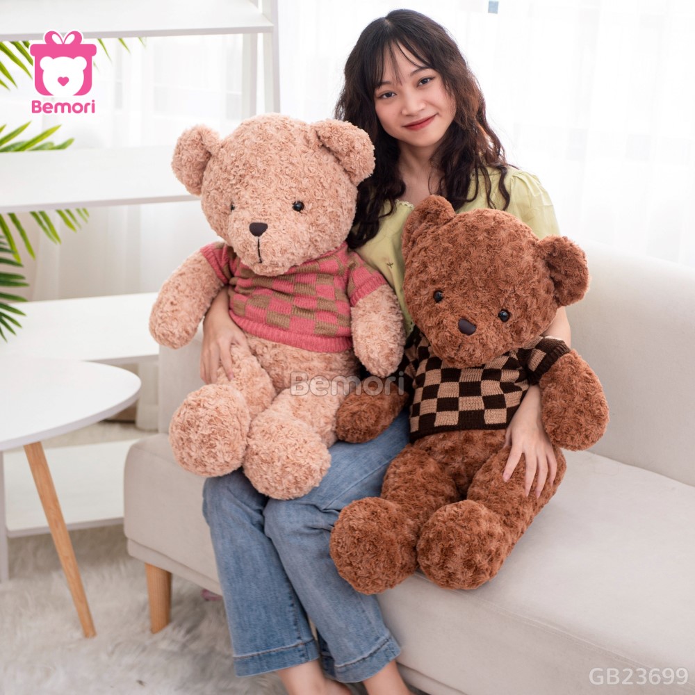 Gấu Bông Teddy Lông Xoắn Áo Len Caro