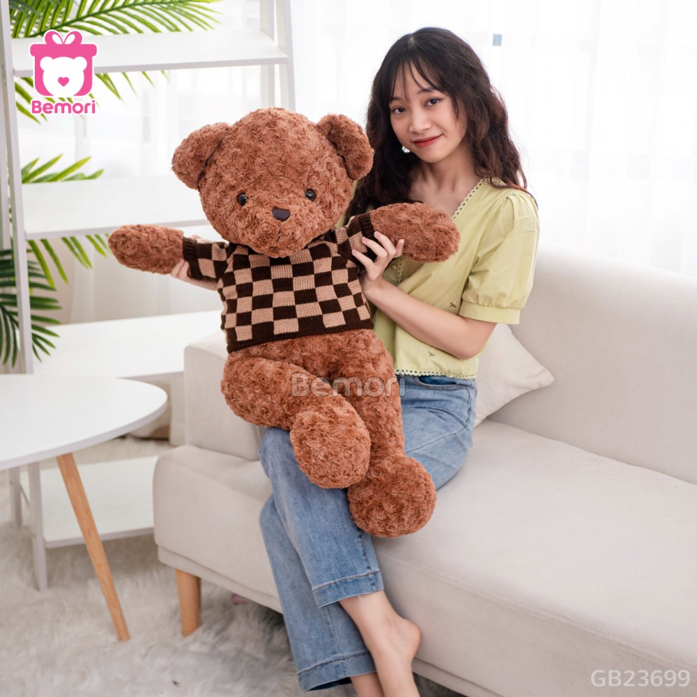 Gấu Bông Teddy Lông Xoắn Áo Len Caro