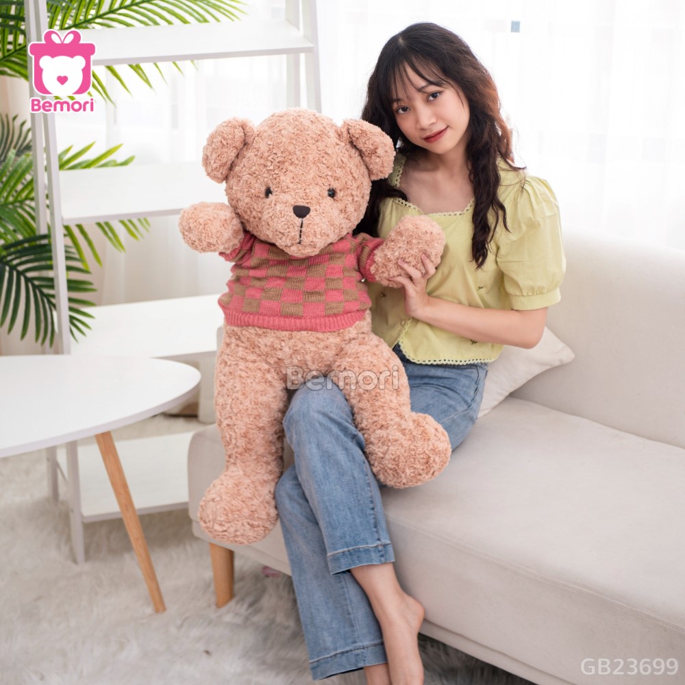 Gấu Bông Teddy Lông Xoắn Áo Len Caro