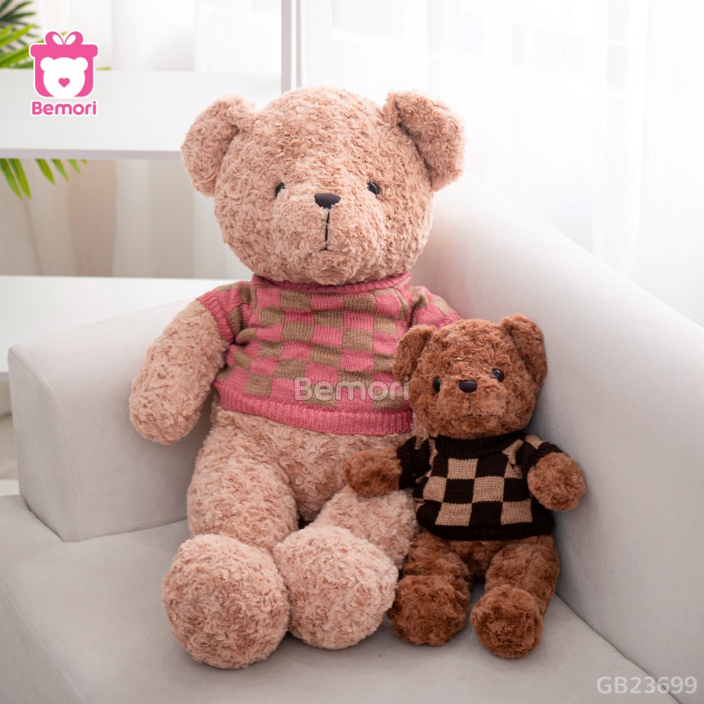 Gấu Bông Teddy Lông Xoắn Áo Len Caro