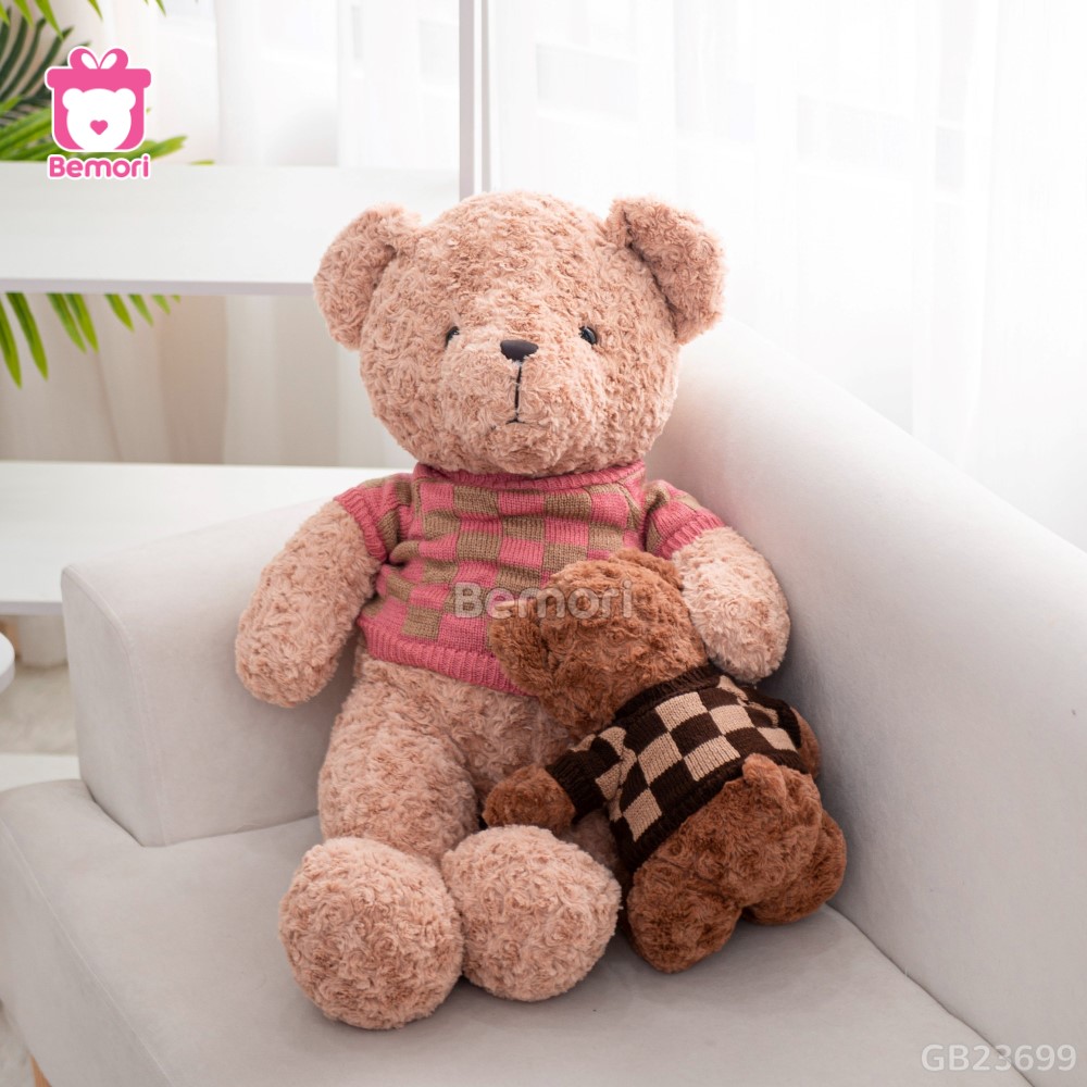 Gấu Bông Teddy Lông Xoắn Áo Len Caro